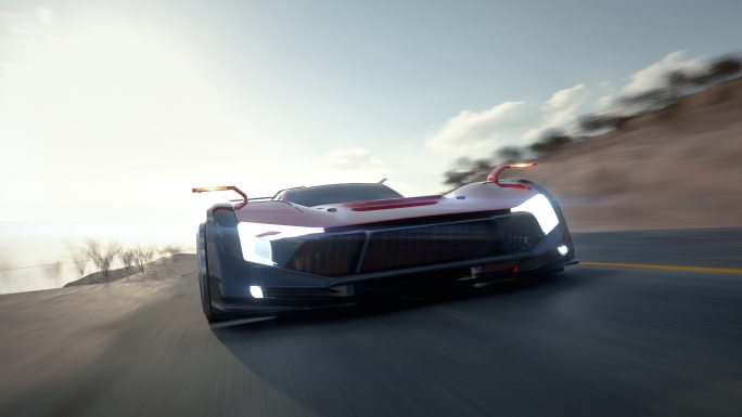 跑车在公路上行驶的未来概念。