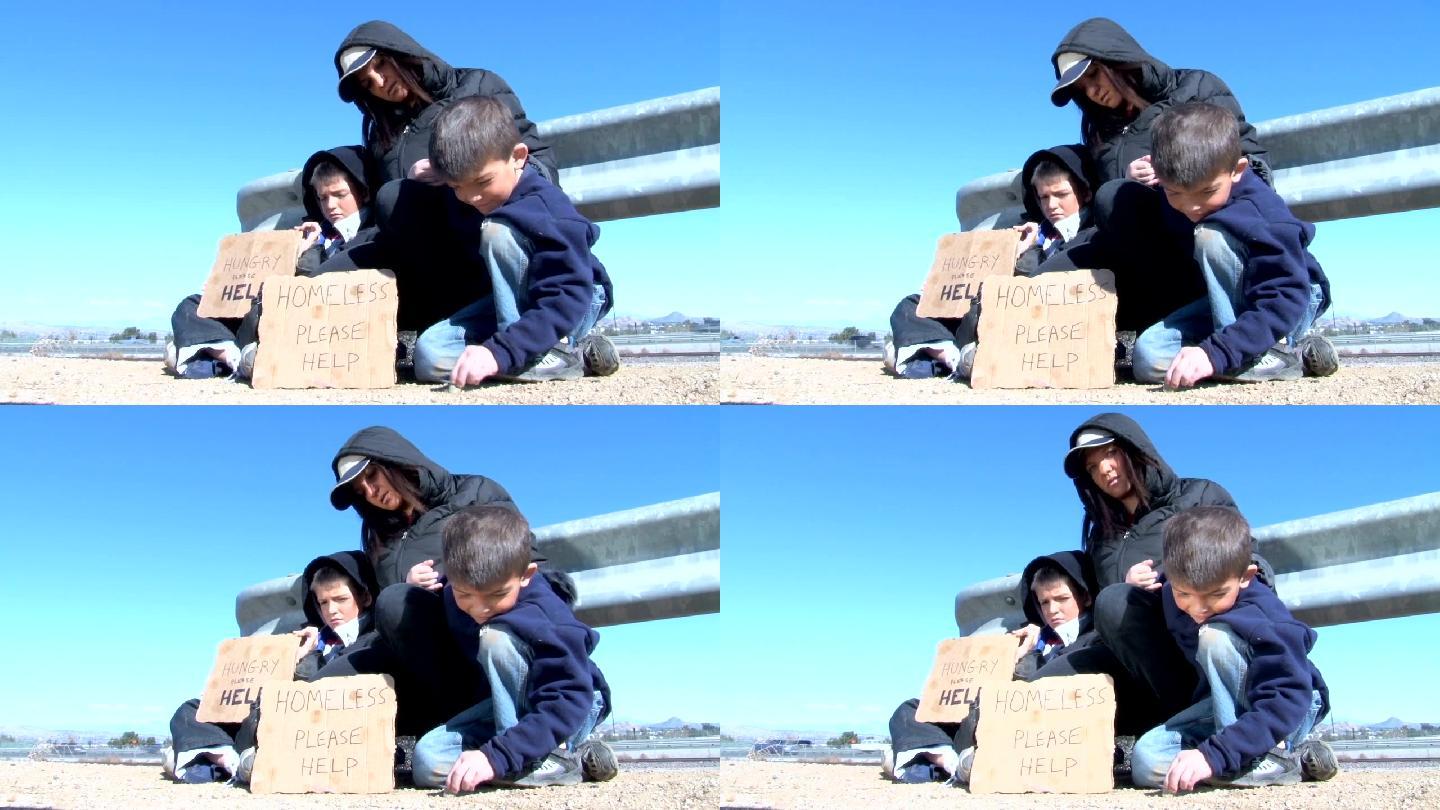 高速公路旁无家可归的家庭