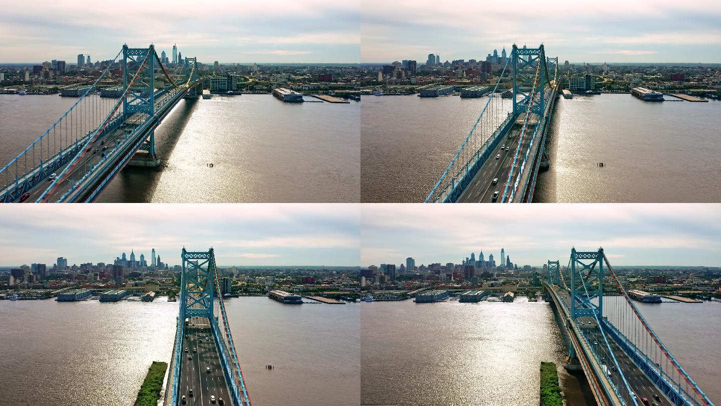 鸟瞰本富兰克林大桥和费城天际线