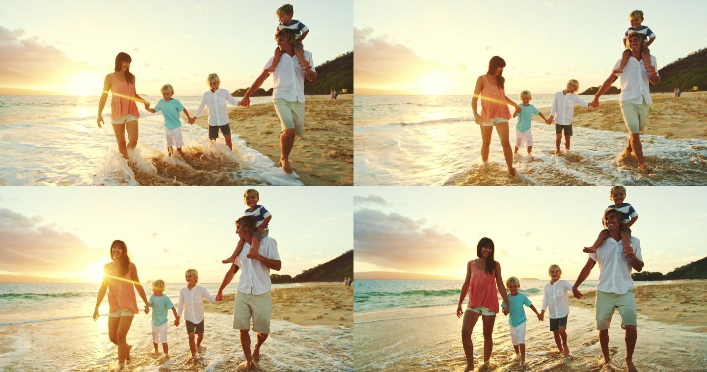 海边散步的一家人亲子回忆度假时光全家人