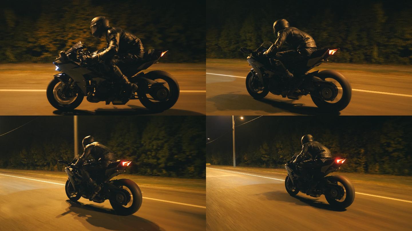 年轻人骑着现代黑色运动摩托车在夜市街上