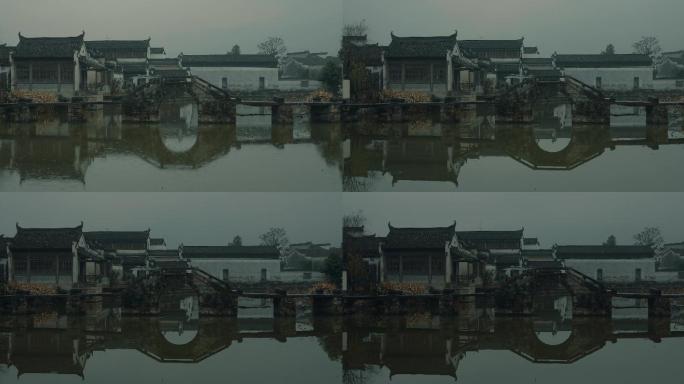 徽派建筑 水墨风景  雨天徽州小桥