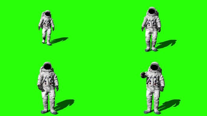 宇航员在绿色屏幕上行走并敬礼。