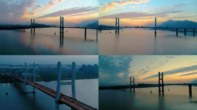 温州乐清温州大桥航拍4K夕阳晚霞
