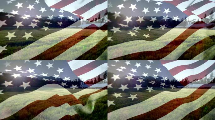 美国国旗在白天以田野为背景挥舞的数字动画
