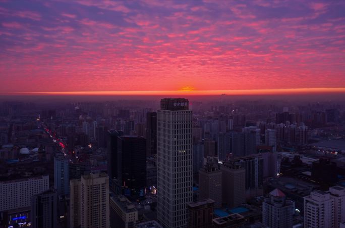 沈阳城市晚霞航拍延时