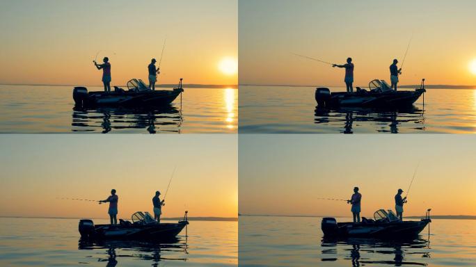 男子从汽艇上钓鱼钓鱼视频通用素材空镜头