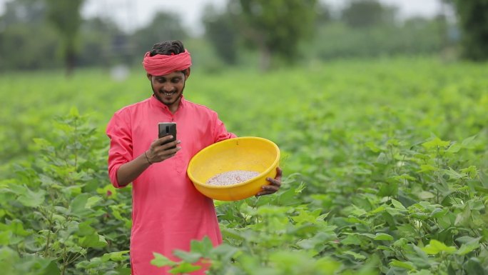 农民在田间用智能手机交谈