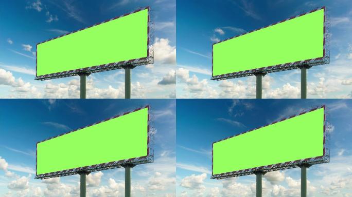 广告牌绿色的屏幕上有移动的云彩和蓝天。