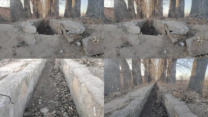 破旧的水渠 灌溉 水利建设 石头渠 杨树