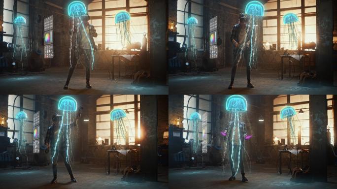 女人戴着虚拟现实眼镜用操纵杆制作水母雕塑