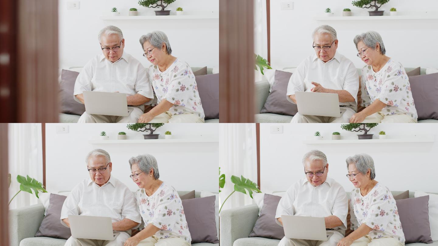 老年夫妇使用笔记本电脑进行互联网搜索