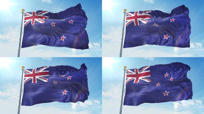 新西兰国旗在深蓝色的天空中迎风飘扬。