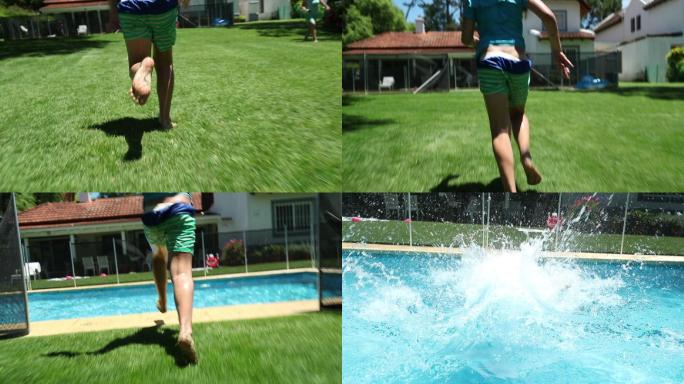 孩子在后院花园里慢跑，跳进游泳池的水里