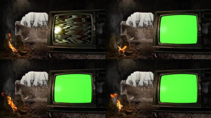 靠近篝火的旧电视绿色屏幕。