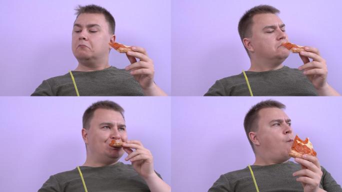 超重男子正吃着比萨饼，否认一些问题