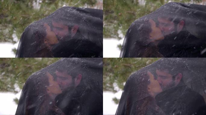 雪地里的拥吻的情侣