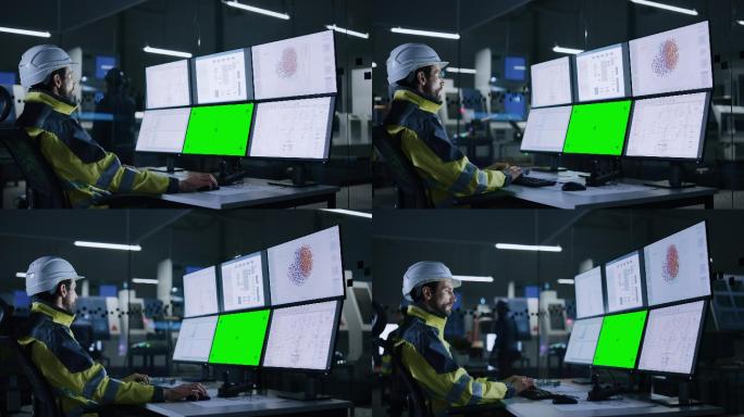 男性操作员控制设施，使用多屏幕计算机