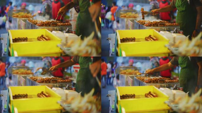 食品摊贩的慢镜头新鲜食物特写路边摊美食小