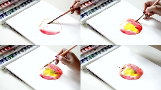 水彩画画苹果图画涂鸦水墨颜料