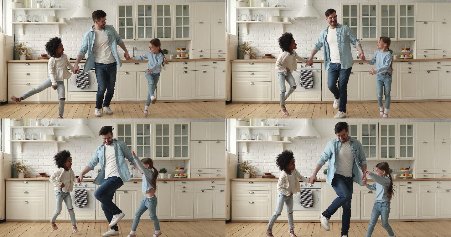 父亲和孩子在现代厨房共舞
