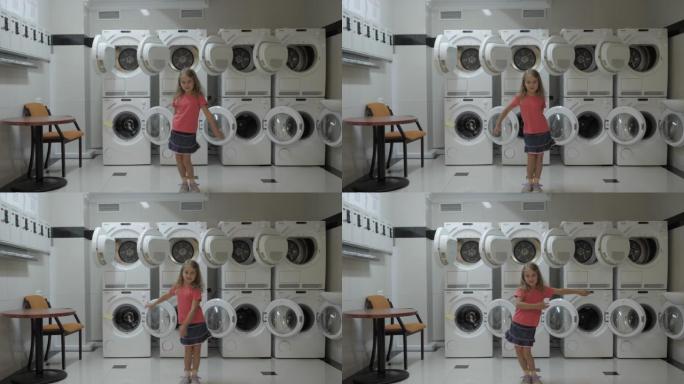 快乐的小女孩在洗衣房跳舞