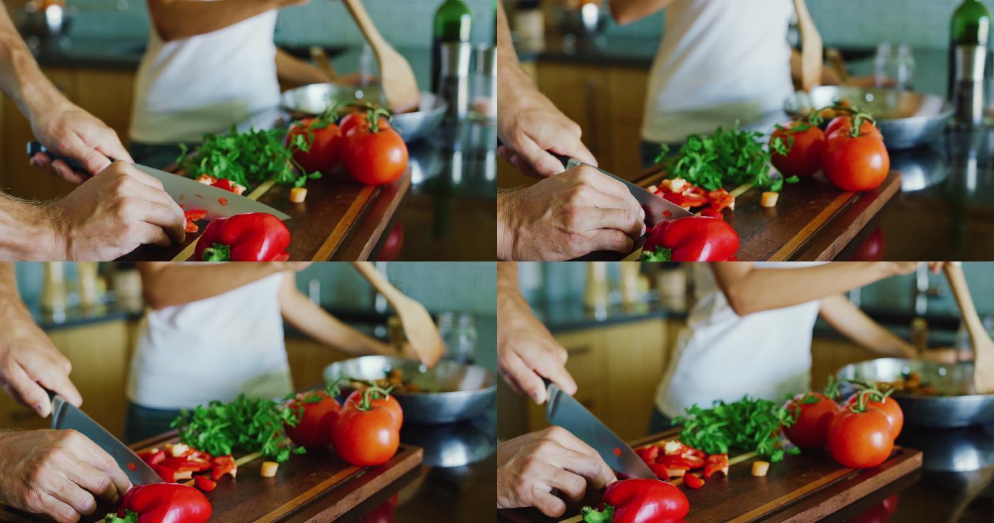 准备美食的夫妇做饭做菜切菜西红柿