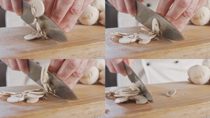 厨师刀切香菇的特写镜头