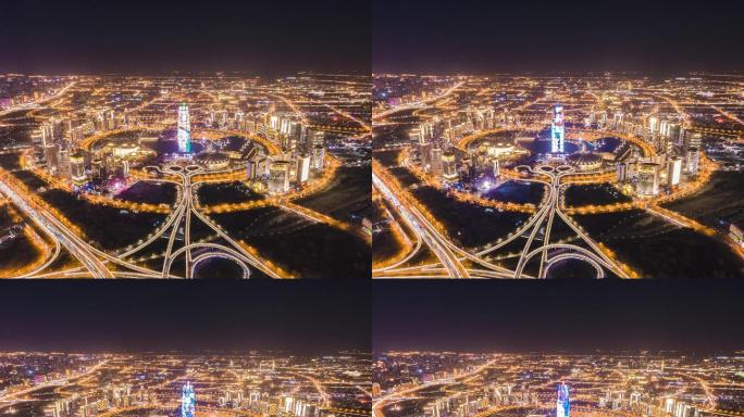 郑州大玉米夜景亮灯无人机航拍城市延时摄影