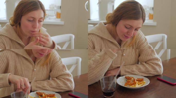 吃油炸食品的女人特写镜头一个人孤独外国美
