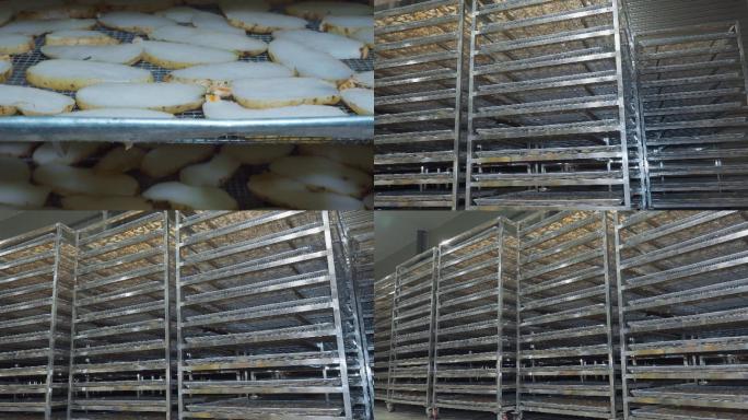 天麻切片陈列在钢架上准备进烤房烤干