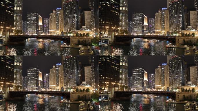 芝加哥城市景观和夜间河上的渡船