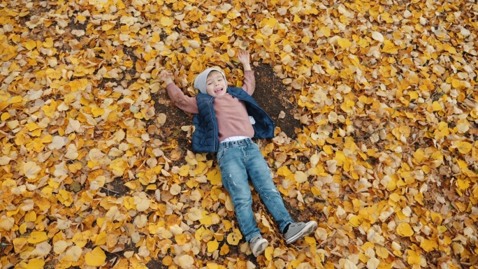 一个小男孩躺在树叶上