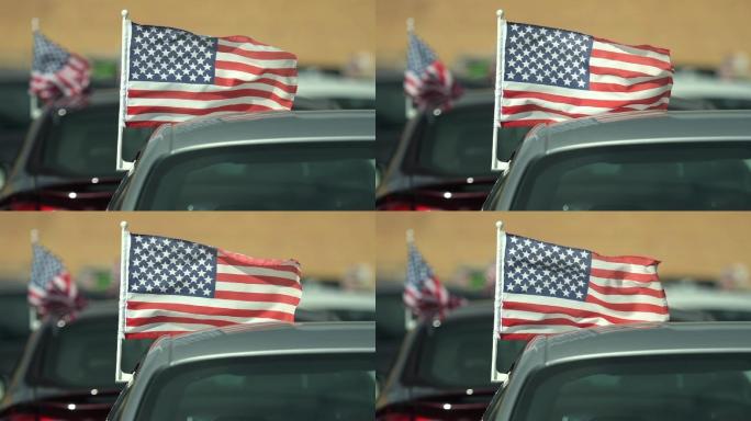 汽车上挂有美国国旗