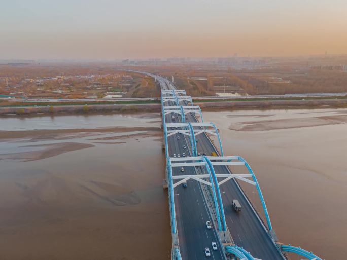 郑州黄河大桥夕阳晚霞无人机航拍延时摄影