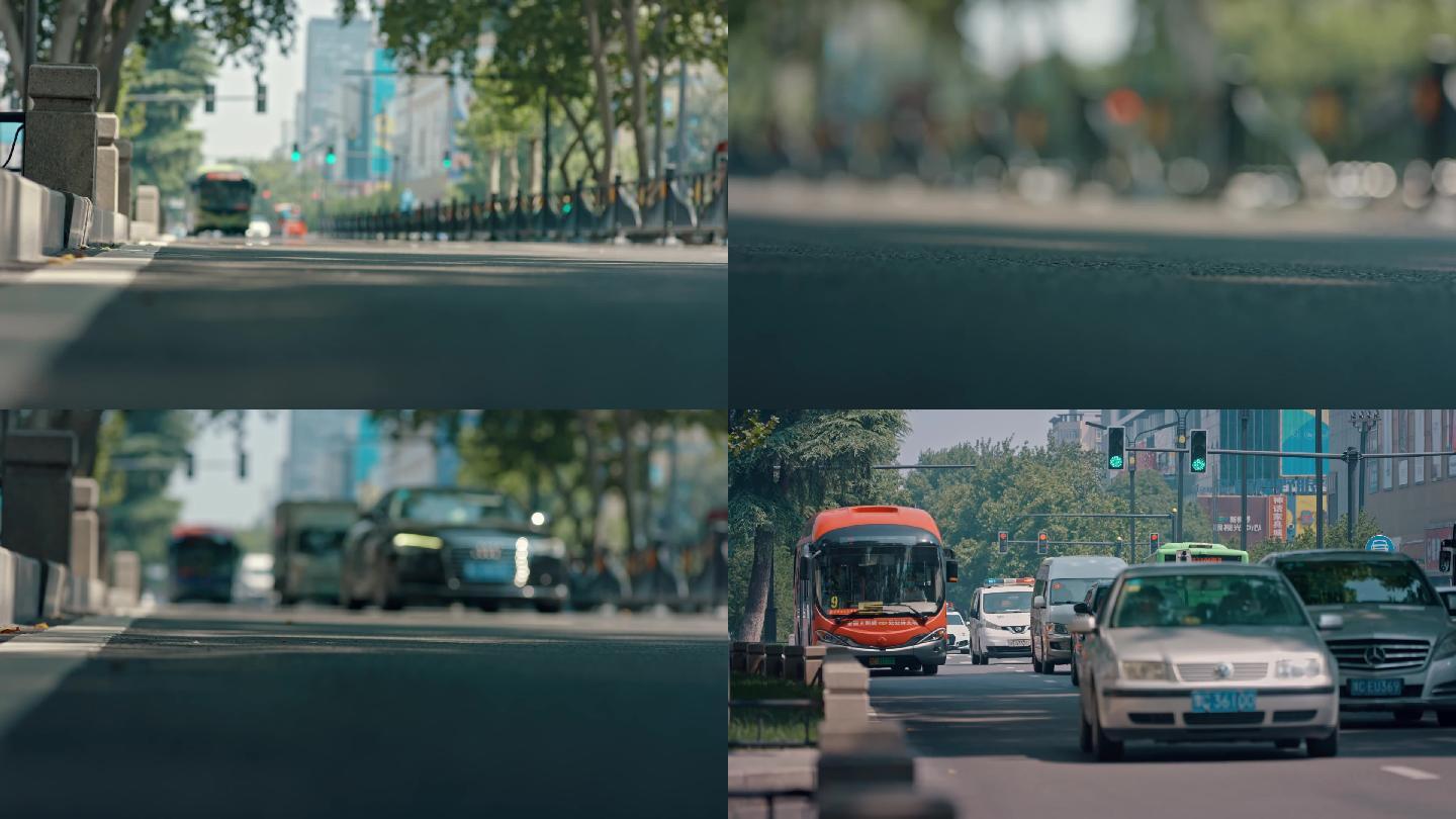 洛阳市区公交车、经过公路路面虚化视频素材