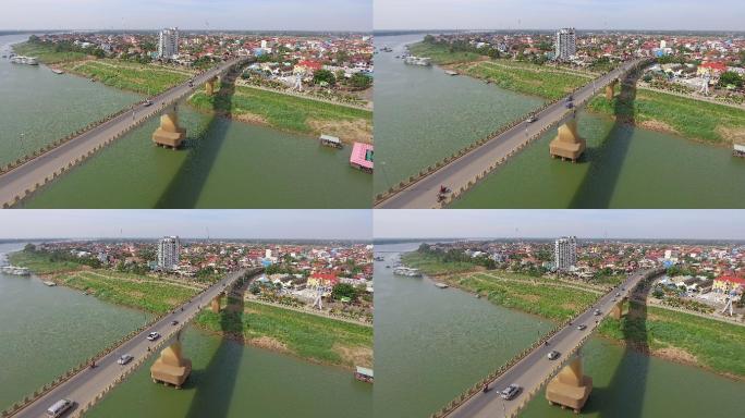 柬埔寨湄公河大桥国外外国桥梁地标航拍车流