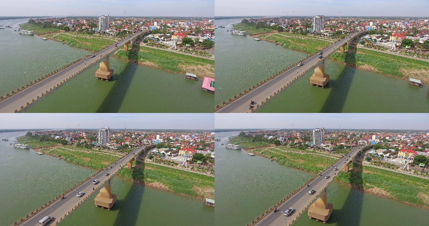 柬埔寨湄公河大桥国外外国桥梁地标航拍车流