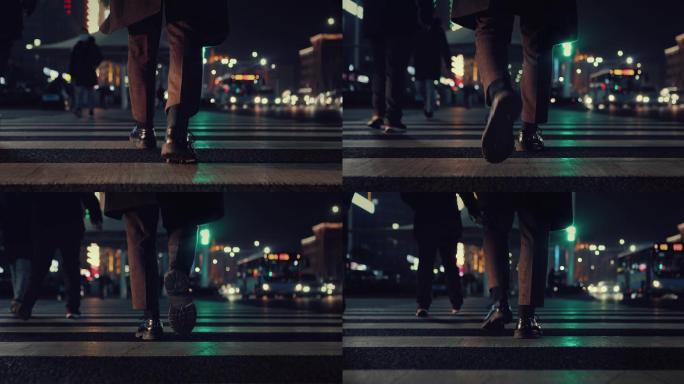 【正版素材】脚步夜景正装街道路口斑马线