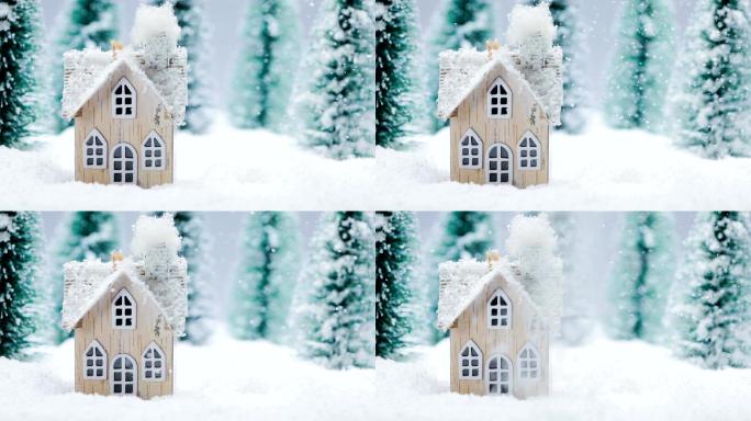冬季森林中的房子冬季雪花下雪雾凇风景