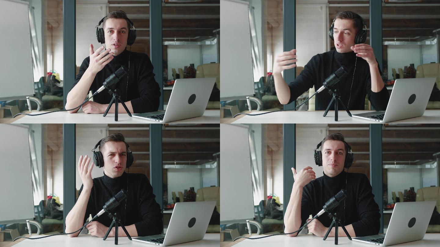 男性企业家在办公室录制商业视频博客。
