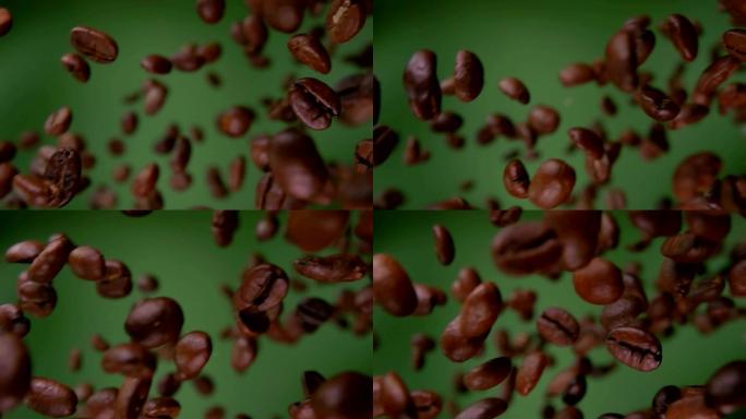 烤咖啡豆在绿色背景上斜飞的特写镜头