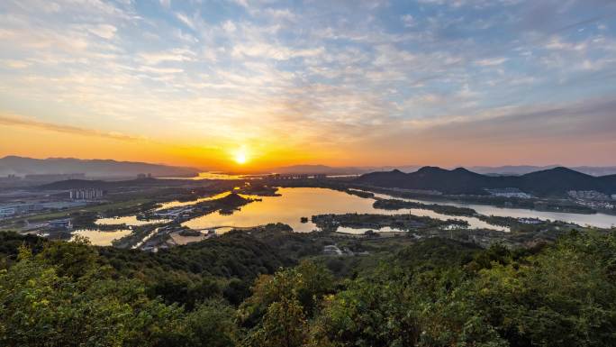 杭州萧山湘湖旅游度假区日落全景