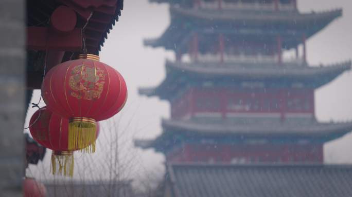 【8K正版素材】年味雪天古建筑红灯笼空镜