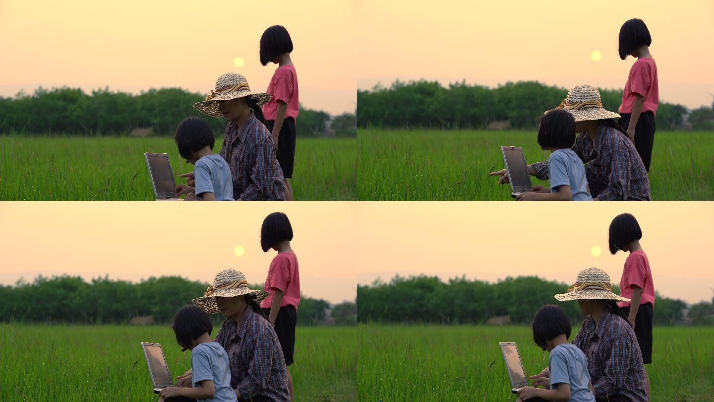 母女俩看着稻田用笔记本电脑查看数据