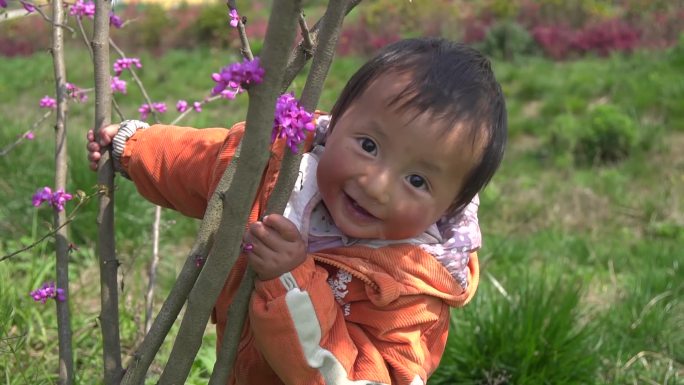 农村小孩，农村孩子摘花，质朴的农村小孩子