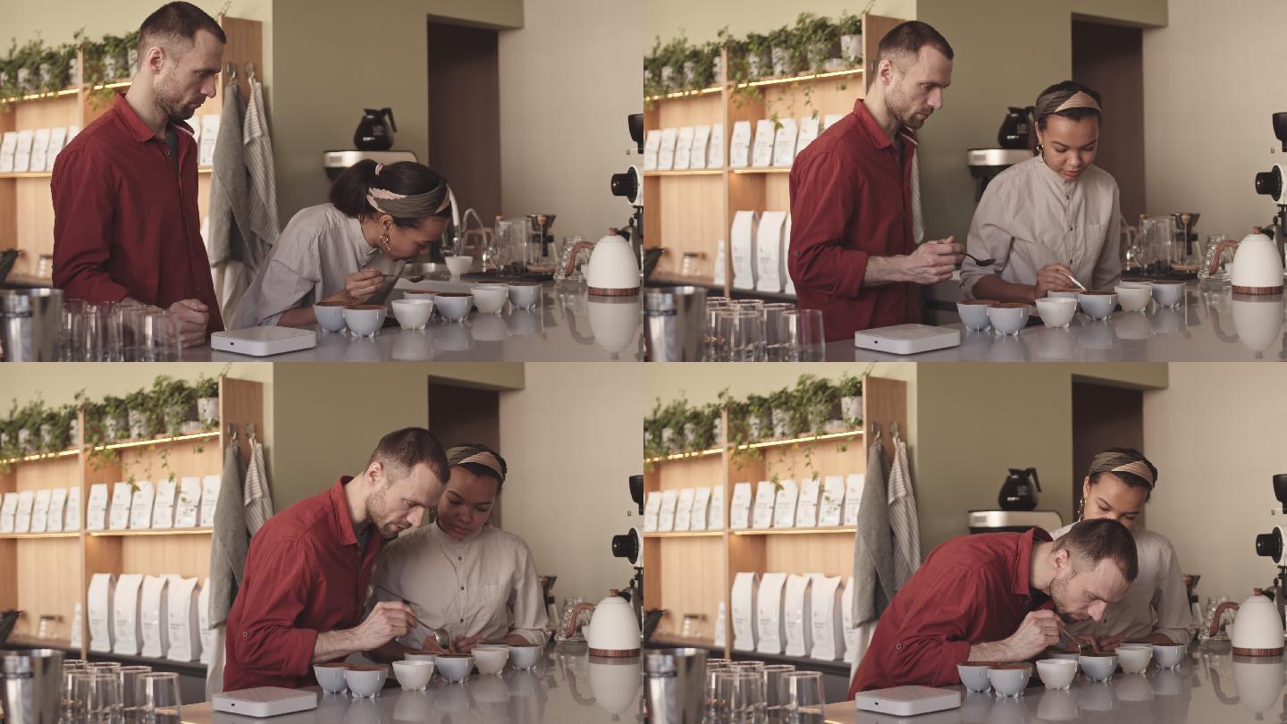 两位咖啡师在咖啡馆品尝咖啡