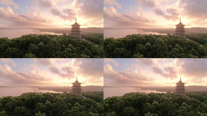 航拍夕阳下杭州西湖边雷峰塔