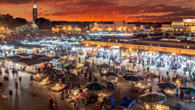 摩洛哥马拉喀什晚上景观的时间流逝