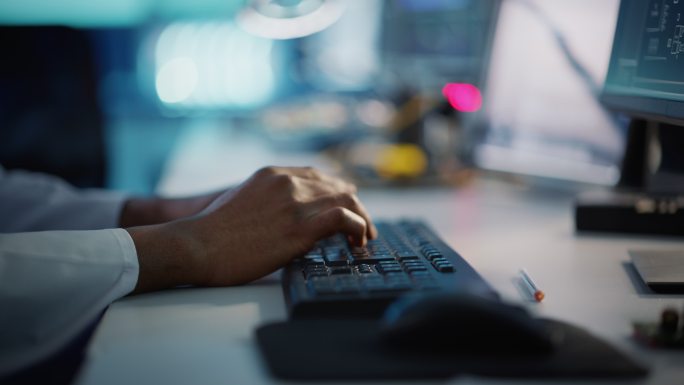 工程师在电脑上工作，用手在键盘上打字
